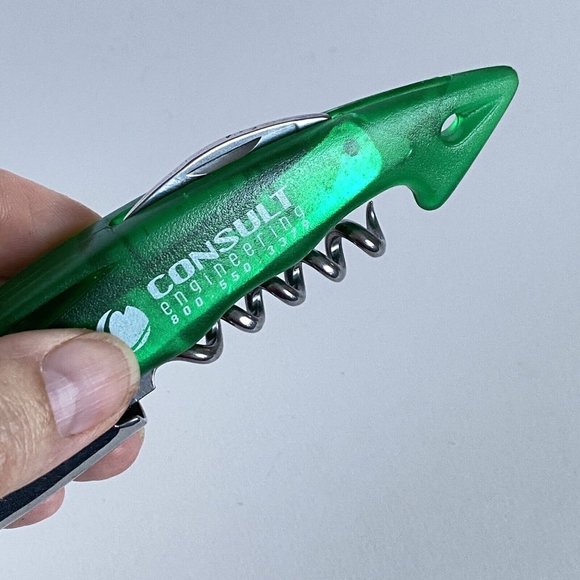 Consult Engineering Ad Green Plastic Stainless Bottle Opener Corkscrew Knife - Picture 10 of 13